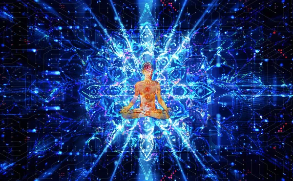 İnsan silueti meditasyon yapıyor ya da psikedelik bir arka planda yoga yapıyor.