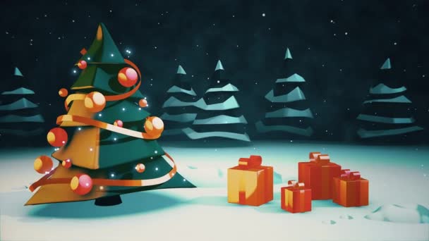 4k Animacja słów Wesołych Świąt z drzewem i teraźniejszością — Wideo stockowe