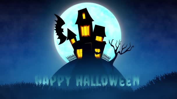 Halloween háttér animáció koncepció kék háttér, hold, animált fák és fű, repülő denevérek és kísértetjárta kastély. — Stock videók