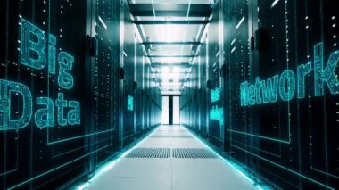 Bir veri merkezinin sunucu odasındaki cam panellerin arkasındaki ağ ve veri sunucuları