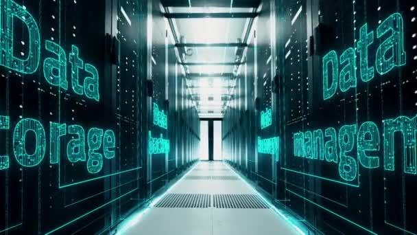 Server di rete e dati dietro pannelli di vetro in una sala server di un data center — Video Stock