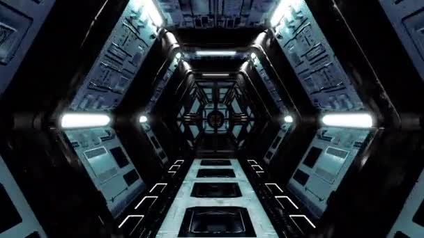 Boucle sans couture volant dans le tunnel du vaisseau spatial, couloir du vaisseau spatial de science-fiction. Technologie futuriste abstraite transparente VJ pour les titres technologiques et arrière-plan. — Video
