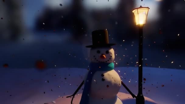 Animáció téli táj hógömbbel, hóemberrel. Karácsonyi ünnepi koncepció digitálisan generált kép. — Stock videók