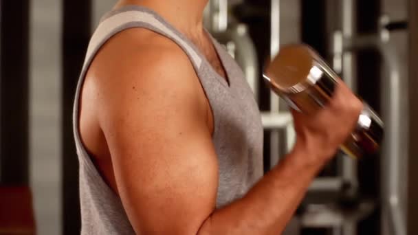 Tampan cocok sporty man melakukan latihan dumbell curl di gym — Stok Video