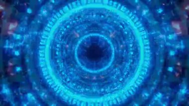 Karanlık uzayda parlayan parçacıkların olduğu dijital tünelin CGI uçuşu. Engelleme zinciri veya veri aktarım kavramı