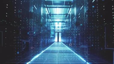 Yüksek teknolojili sunucu odası, uçan kamera hareketi ve dijital kodlar, bağlantı hatları, parçacıklar ve veri akışı. Video içeriğindeki teknoloji, siber güvenlik, ağ oluşturma ve bulut hesaplama temaları için mükemmel.
