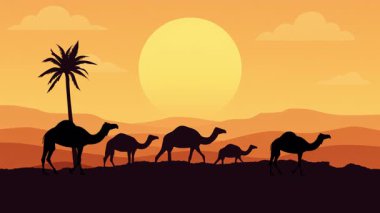 Siluetli çölde palmiye ağaçları ve sıcak bir günbatımıyla yürüyen bir deve kervanı yan yana hareket ediyor. Kültürel hikaye anlatma, seyahat videoları, tarihi içerik veya çöl hayatı hakkında eğitim projeleri için ideal.