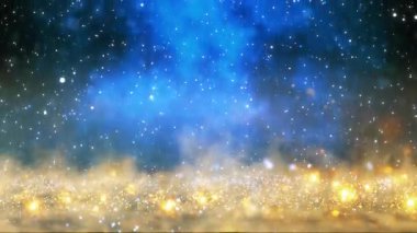 Yumuşak dumanla yüzen parlak altın ve mavi parçacıkların soyut animasyonu. Fantezi temalar, tatil videoları, kutlamalar ya da sihirli görsel efektler için mükemmel.