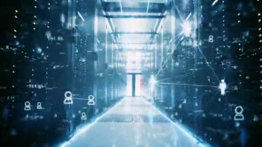 Yüksek teknolojili sunucu odası, uçan kamera hareketi ve dijital kodlar, bağlantı hatları, parçacıklar ve veri akışı. Video içeriğindeki teknoloji, siber güvenlik, ağ oluşturma ve bulut hesaplama temaları için mükemmel.