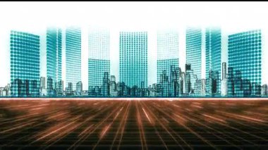 Parlak veri akışı ve kodlarla örtülü, teknoloji, yapay zeka veya siber temalar için mükemmel yüksek teknolojili bir şehrin kusursuz 4K animasyonu.