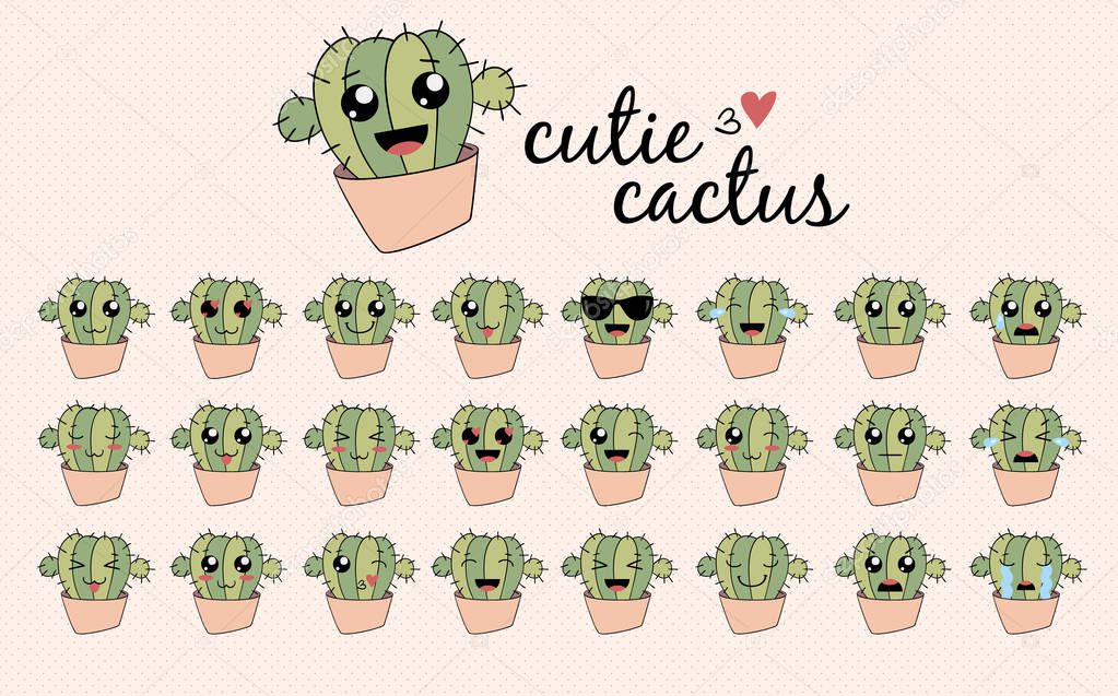 Cactus cute emoticons set with different emotions. Flat cartoon character ideal for stockers, prints, decoration