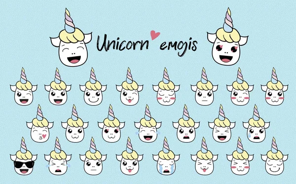 Unicorns Cute Emoticons Set Different Emotions Flat Cartoon Character Ideal — Stockvektor