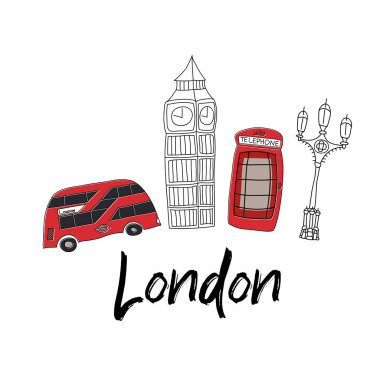 Londra, İngiltere 'nin vektör karalama sembolleri. Basit minimalist tarzda ünlü İngiliz sembolleri. Hatıra üretimi için ideal.