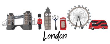 Vector  doodle illustration symbols of London, the UK. Famous British symbols in the simple minimalistic style. Ideal for souvenir production