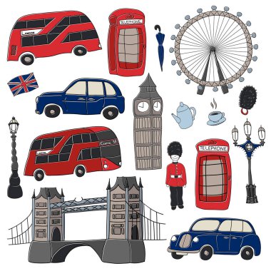 Vector  doodle illustration symbols of London, the UK. Famous British symbols in the simple minimalistic style. Ideal for souvenir production