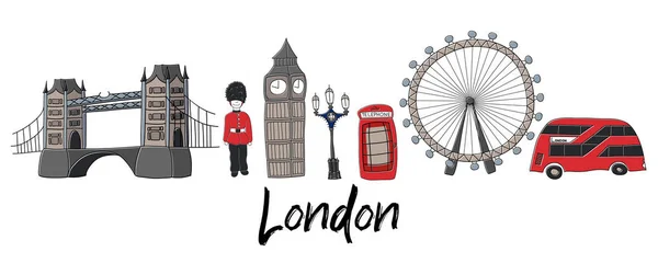 Vektorové Kreslené Symboly Londýna Velké Británie Slavné Britské Symboly Jednoduchém — Stockový vektor