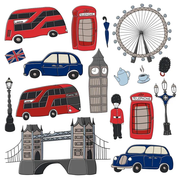 Vektor Klotter Illustration Symboler London Storbritannien Berömda Brittiska Symboler Enkel — Stock vektor