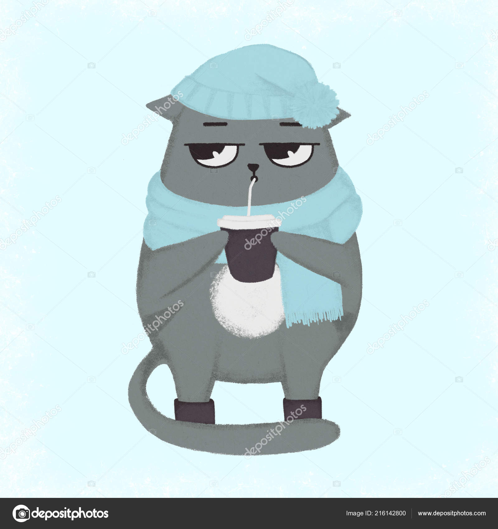 Main de dessin animé mignon aspiré chat Bonnet en laine avec pompon et foulard zébré avec une tasse de café. Chat tenant une coupe\u2013 images de stock libres