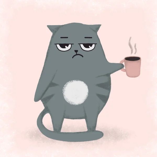 Cute pink cartoon hand drawn cat with cup of coffee. Cat holding a cup.