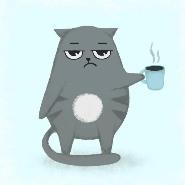 Cute blue cartoon hand drawn cat with cup of coffee. Cat holding a cup.