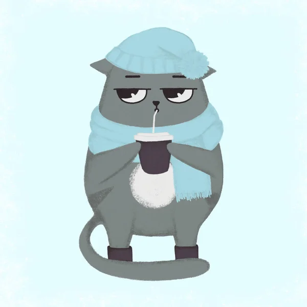 Cute cartoon hand drawn cat in woolen hat with pompom and striped scarf with cup of coffee. Cat holding a cup.
