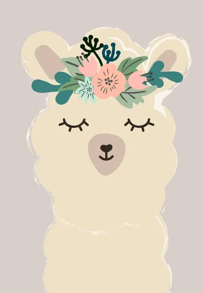 Cute Fashion Lama Character Flowers Decoration Smiling Calm Isolated Vector — Stock vektor
