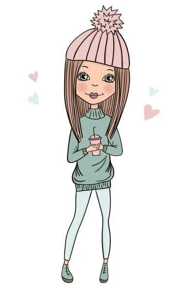 Fashionable Girl Vector Cute Character Casual Winter Outfit Hand Drawn — Stock vektor