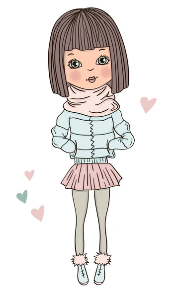 Fashionable Girl Vector Cute Character Casual Winter Outfit Hand Drawn — стоковый вектор