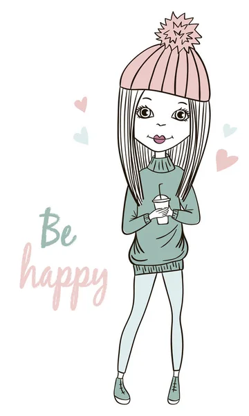Fashionable girl vector cute character casual winter outfit. Hand drawn doodle style. Fashion and style, clothing and accessories. Vector illustration for a postcard or poster. — 스톡 벡터