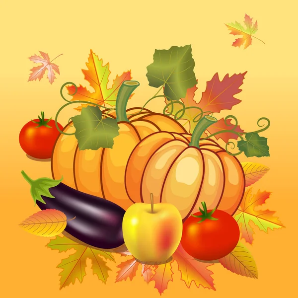 Богатый Урожай Осенних Помидоров Баклажанов Яблок — стоковый вектор