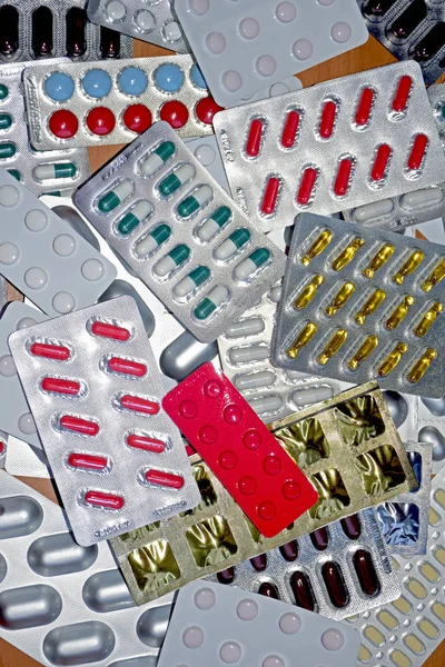 Hög Med Piller Blisterförpackningar Blisterförpackningar Fulla Flerfärgade Tabletter Närbild Ljus — Stockfoto