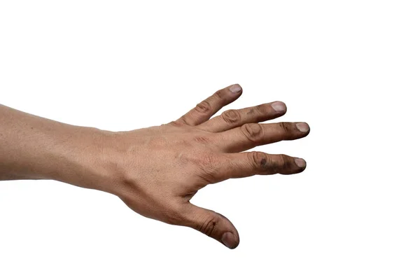 Sujo Masculino Mão Palma Para Baixo Isolado Fundo Branco — Fotografia de Stock