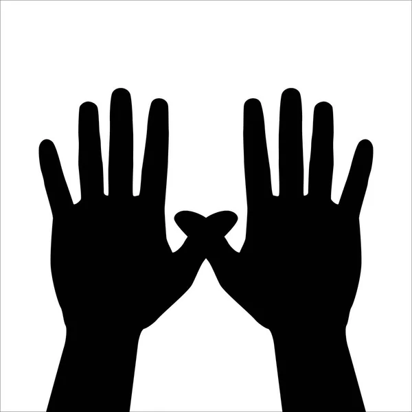 Two hand palm silhouette, secret symbol, open fingers crossed thumbs. Isolated illustration. Two overlapped human hands in hiding gesture. Black and white silhouette.
