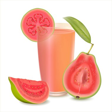 Cam bardakta organik guava suyu. Beyaz arka planda taze guava ile izole edilmiş. Yapraklı ve dilimli taze yarım guava. Tropik meyve. Gerçekçi illüstrasyon guava.
