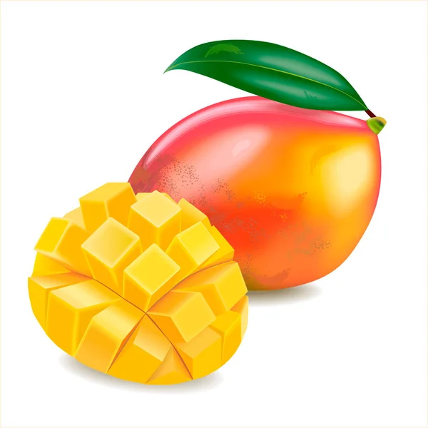 Fetta Mango Maturo Mango Con Cubi Isolato Sfondo Bianco Illustrazione — Vettoriale Stock