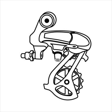 Arka raydan çıkarıcı beyaz arka planda, siyah renk. Raydan çıkan bisiklet arka hız katlanıyor. Gerçekçi raydan çıkmış bisiklet arka hız katlanıyor. Vektör simgesi.