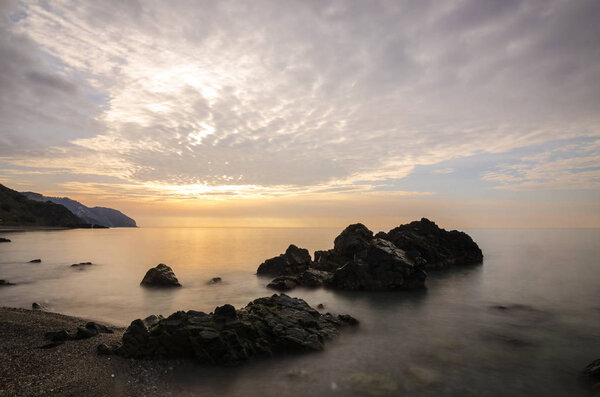 Sunrise at the Playa de las Alberquillas and Molino de Papel (Costa del Sol de Mlaga), in a fantastic natural setting