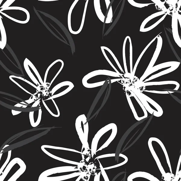 黒と白の花のブラシは ファッションプリント グラフィック 背景や工芸品のためのシームレスなパターンの背景をストローク — ストックベクタ