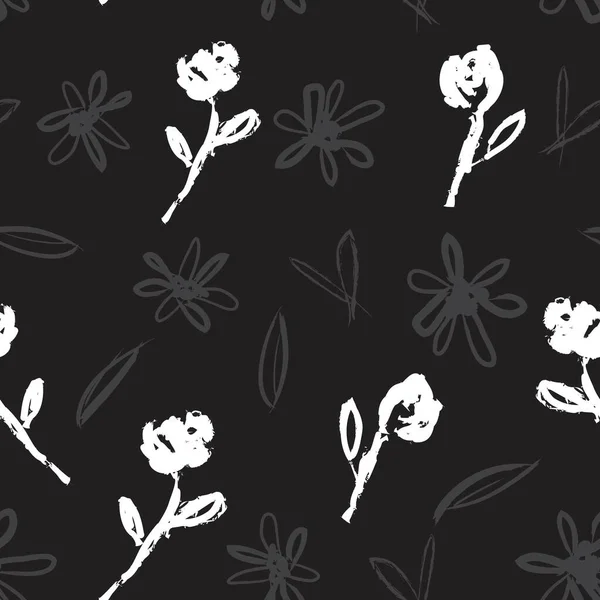 Schwarz Und Weiß Floral Pinselstriche Nahtlose Muster Hintergrund Für Mode — Stockvektor