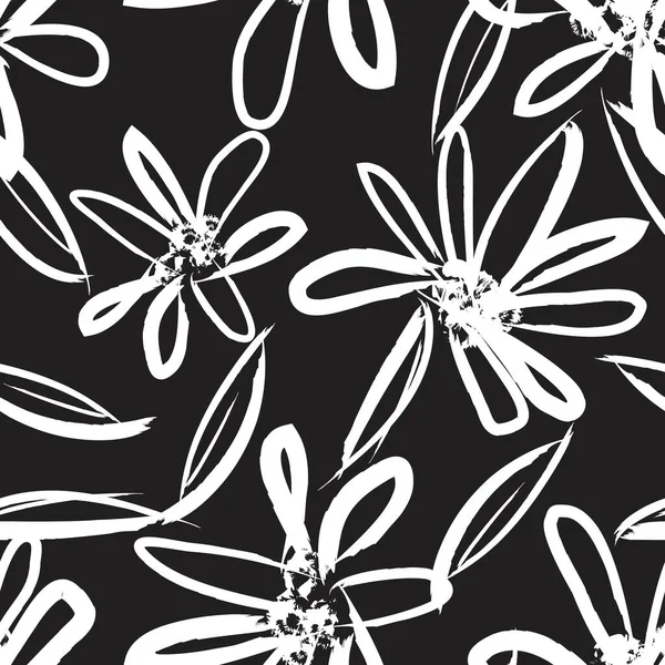 Schwarz Und Weiß Floral Pinselstriche Nahtlose Muster Hintergrund Für Mode — Stockvektor