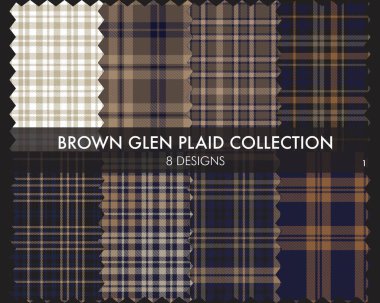 Kahverengi Glen Ekose Tartan desensiz koleksiyonu moda tekstil ve grafikleri için 8 tasarım içerir