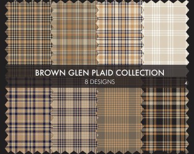 Kahverengi Glen Ekose Tartan desensiz koleksiyonu moda tekstil ve grafikleri için 8 tasarım içerir