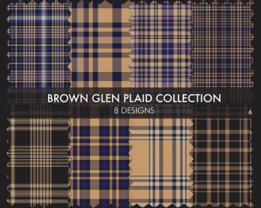 Kahverengi Glen Ekose Tartan desensiz koleksiyonu moda tekstil ve grafikleri için 8 tasarım içerir