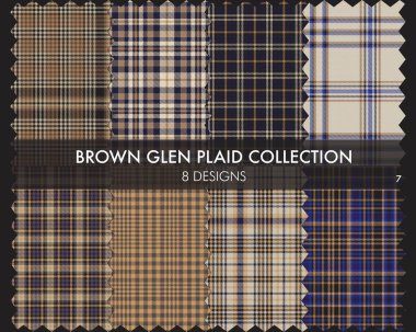 Kahverengi Glen Ekose Tartan desensiz koleksiyonu moda tekstil ve grafikleri için 8 tasarım içerir