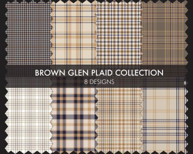 Kahverengi Glen Ekose Tartan desensiz koleksiyonu moda tekstil ve grafikleri için 8 tasarım içerir