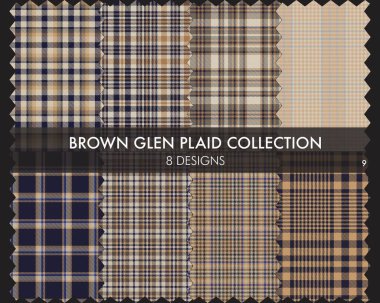 Kahverengi Glen Ekose Tartan desensiz koleksiyonu moda tekstil ve grafikleri için 8 tasarım içerir