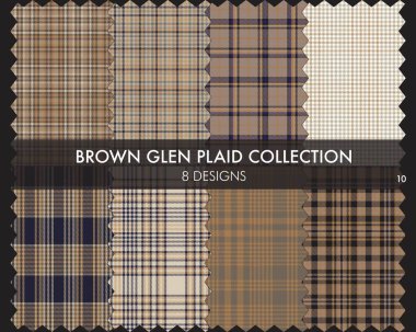 Kahverengi Glen Ekose Tartan desensiz koleksiyonu moda tekstil ve grafikleri için 8 tasarım içerir