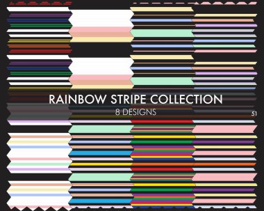 Gökkuşağı çizgili kusursuz desen koleksiyonu moda tekstil ve grafikleri için 8 tasarım örneğini içerir