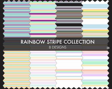 Gökkuşağı çizgili kusursuz desen koleksiyonu moda tekstil ve grafikleri için 8 tasarım örneğini içerir