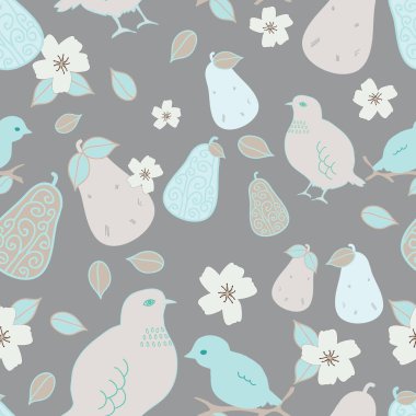 Partridge Kuşları ve armut çiçeği kusursuz vektör tekrarlama deseni